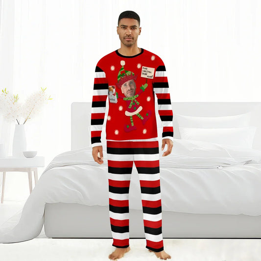 Man wearing red, black, and white striped Christmas pajamas with elf and Marlboro design