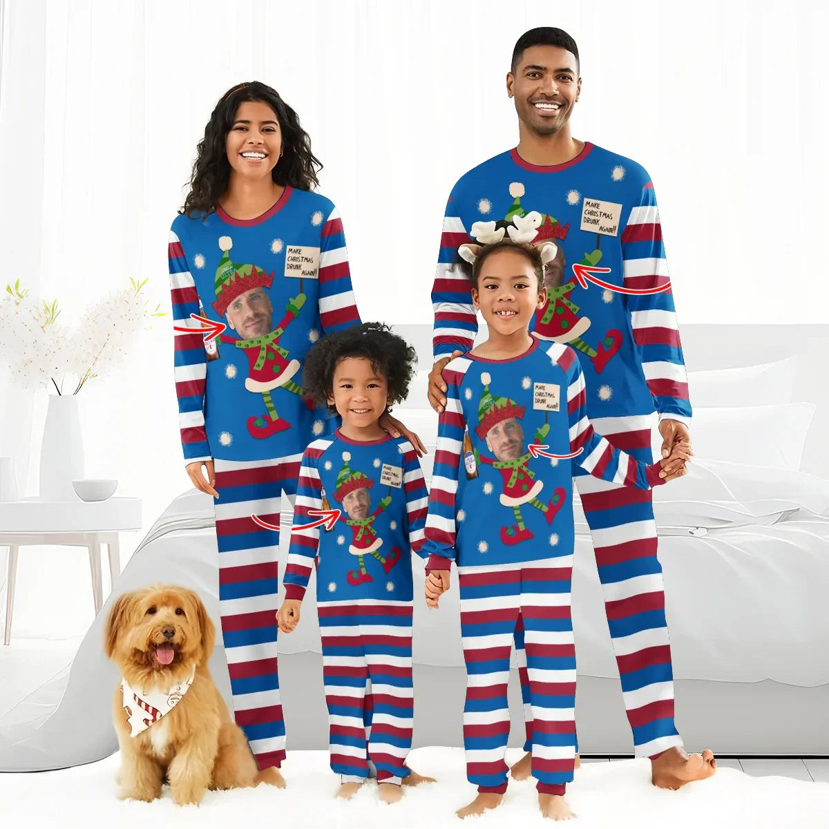 Family of four in matching blue, red, and white striped Christmas pajamas with personalized elf face design, smiling indoors with dog