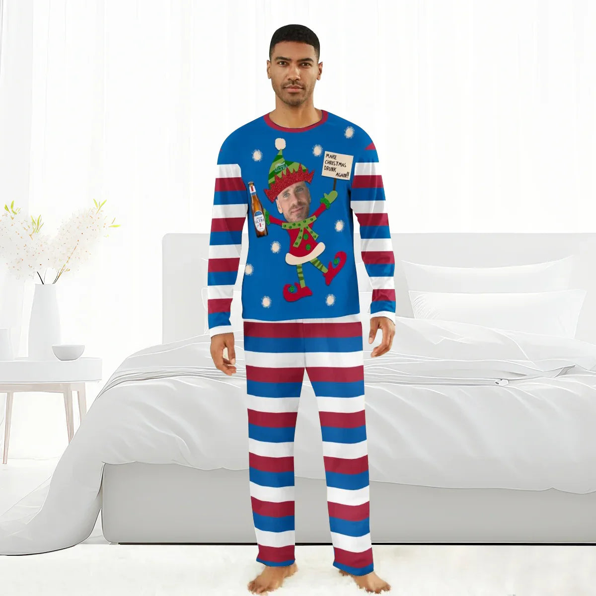 Man wearing personalized Christmas pajamas with striped sleeves and elf graphic holding beer bottle