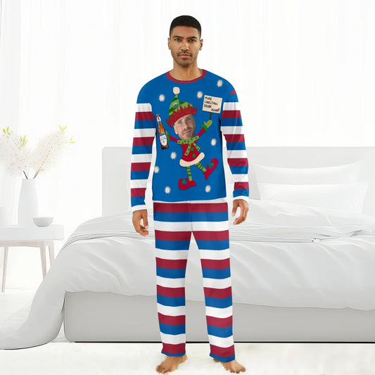 Man wearing personalized Christmas pajamas with striped sleeves and elf graphic holding beer bottle