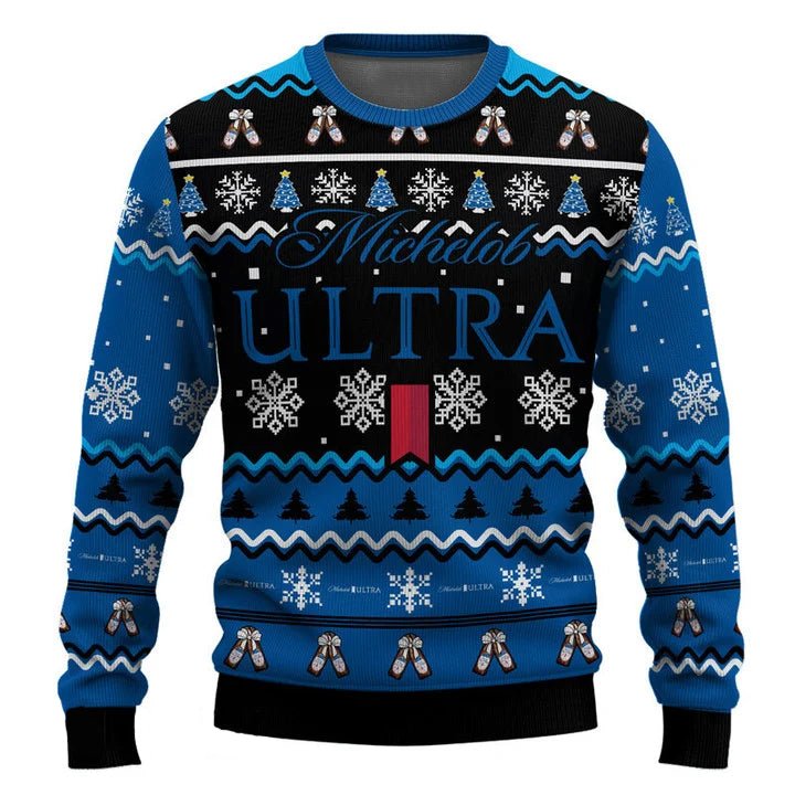 Personalized Michelob Ultra Pine Tree Snowing Christmas Ugly Sweater - VinoVogue.com