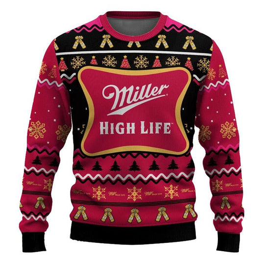 Personalized Miller High Life Pine Tree Snowing Christmas Ugly Sweater - VinoVogue.com