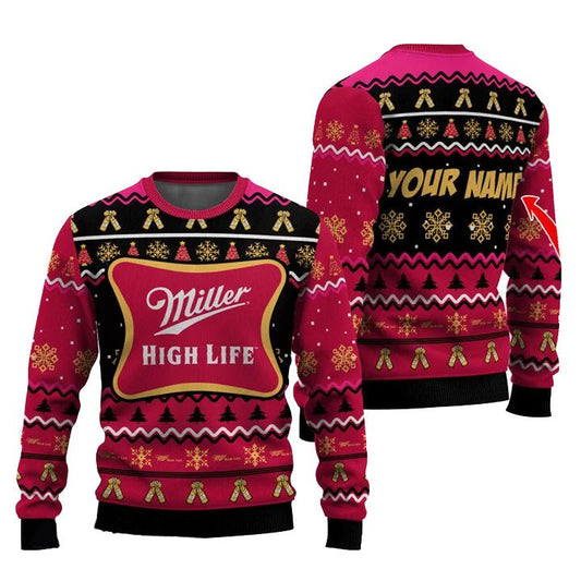 Personalized Miller High Life Pine Tree Snowing Christmas Ugly Sweater - VinoVogue.com