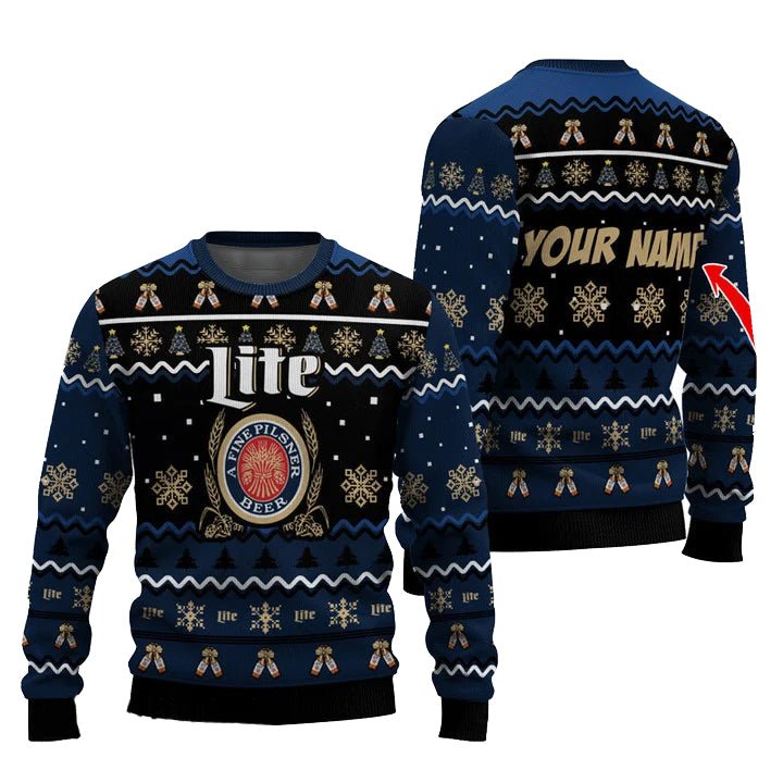 Personalized Miller Lite Pine Tree Snowing Christmas Ugly Sweater - VinoVogue.com