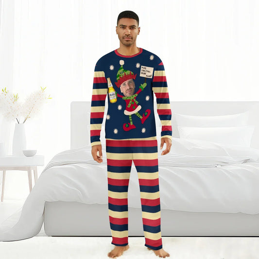 Man wearing personalized Christmas pajamas with striped red, cream, navy pattern and elf holding Modelo beer design
