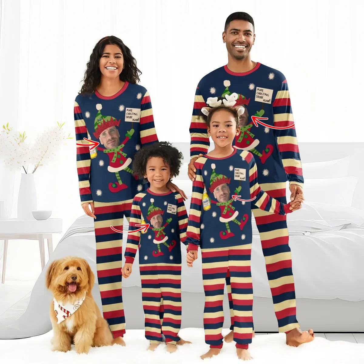Family in matching striped Christmas pajamas with personalized elf face and festive print, dog with holiday bandana