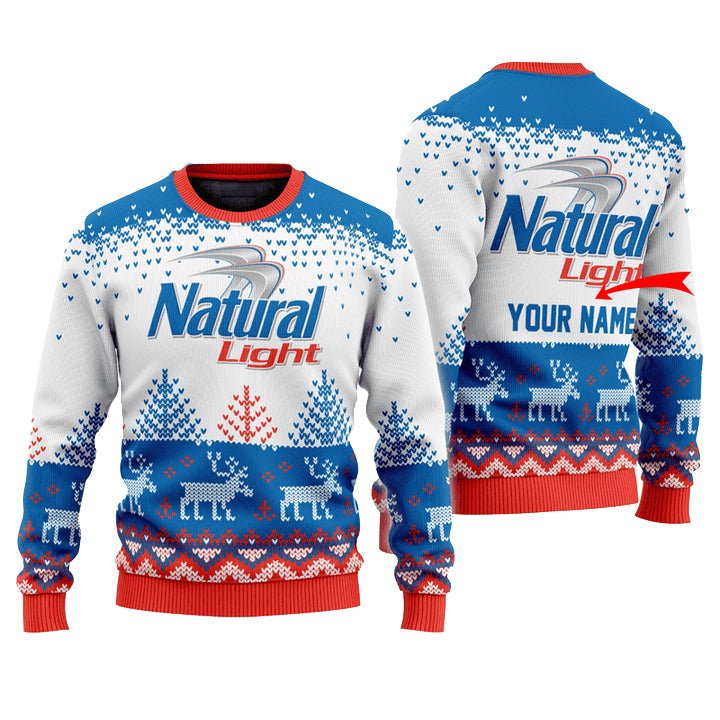 Personalized Natural Light Reindeer Christmas Ugly Sweater - VinoVogue.com