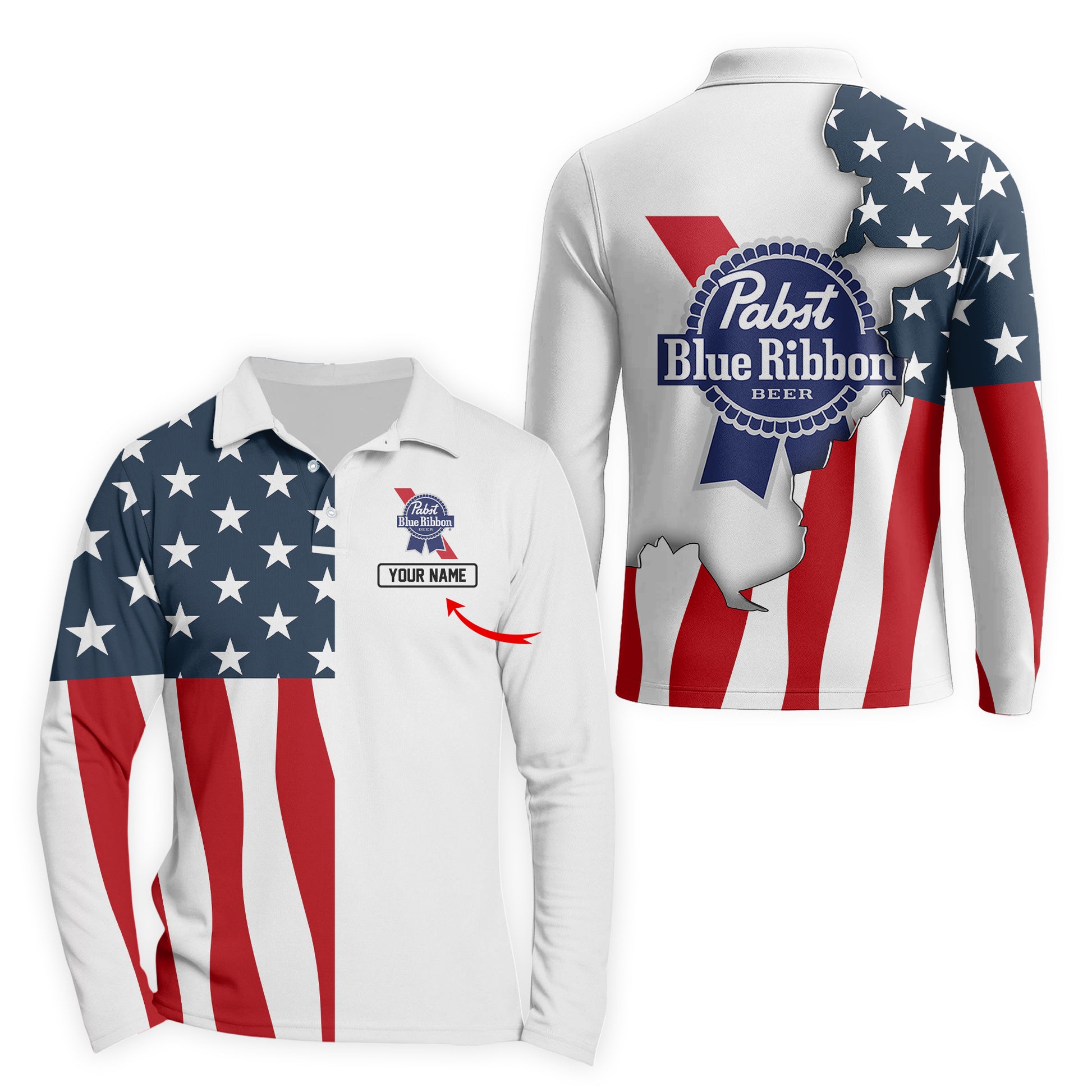Personalized Pabst Blue Ribbon American Flag Long Sleeve Polo Shirt
