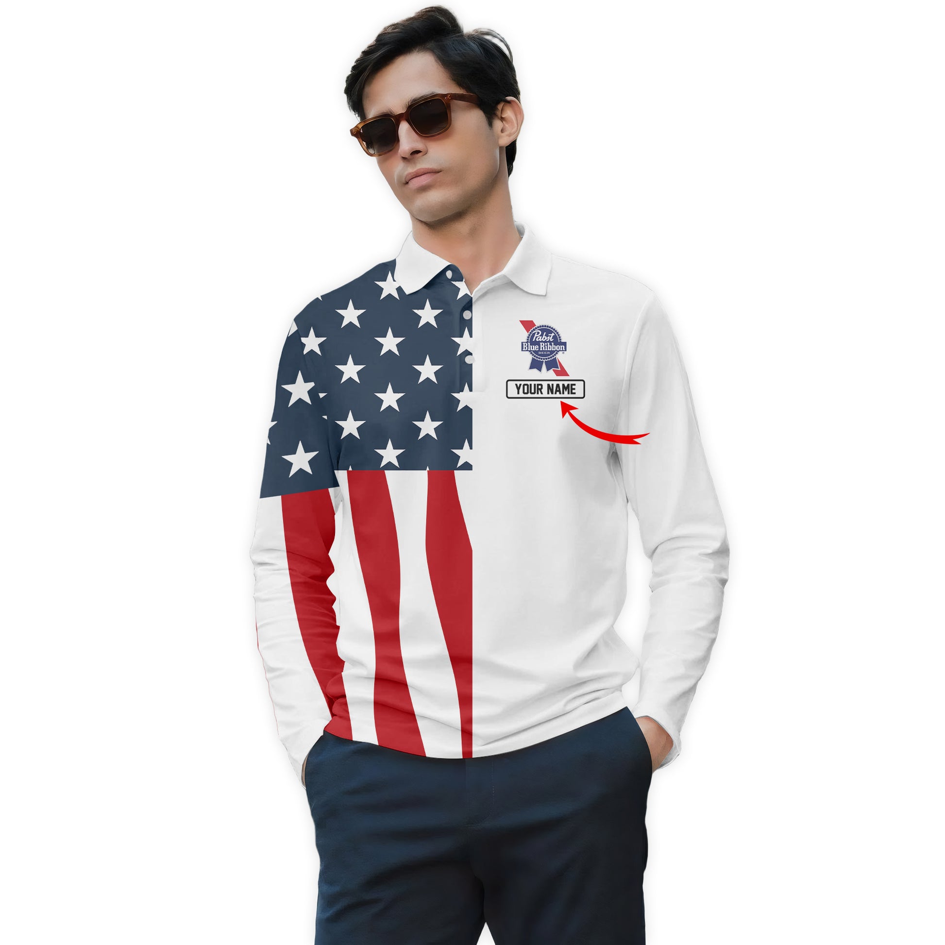 Personalized Pabst Blue Ribbon American Flag Long Sleeve Polo Shirt