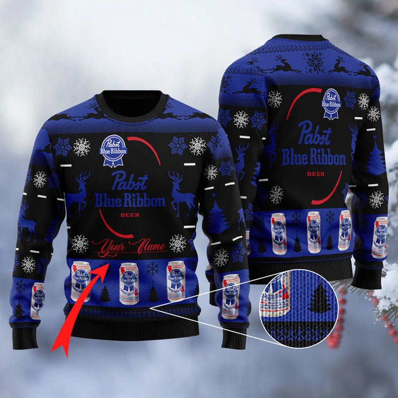 Personalized Pabst Blue Ribbon Christmas Ugly Sweater - VinoVogue.com