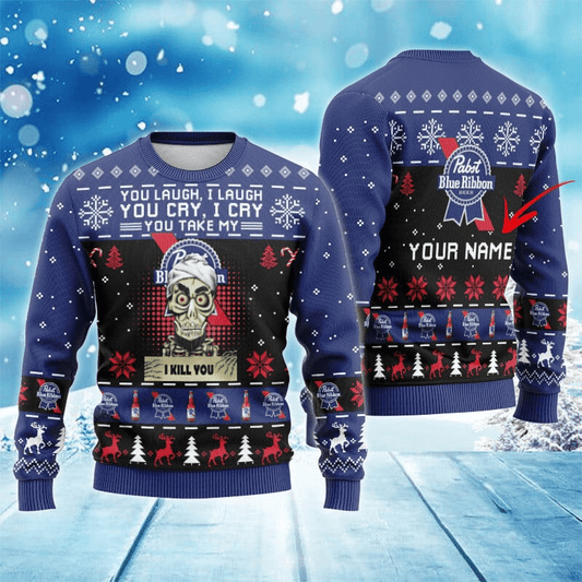 Personalized Pabst Blue Ribbon Funny Skeleton Ugly Sweater - VinoVogue.com