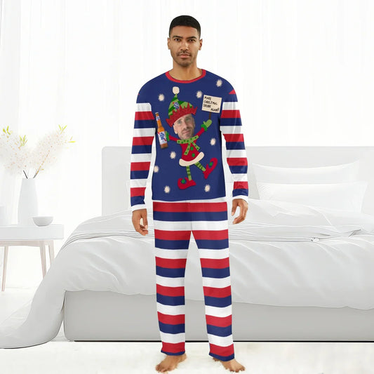 Man wearing red, white, and blue striped Christmas pajamas with funny elf and beer design