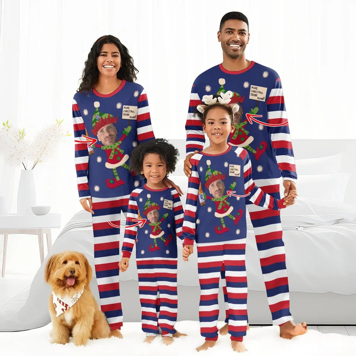 Family in matching blue, red, and white striped Christmas pajamas with elf prints and personalized faces