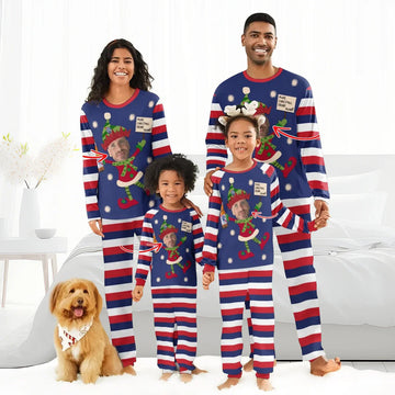 Family in matching blue, red, and white striped Christmas pajamas with elf prints and personalized faces
