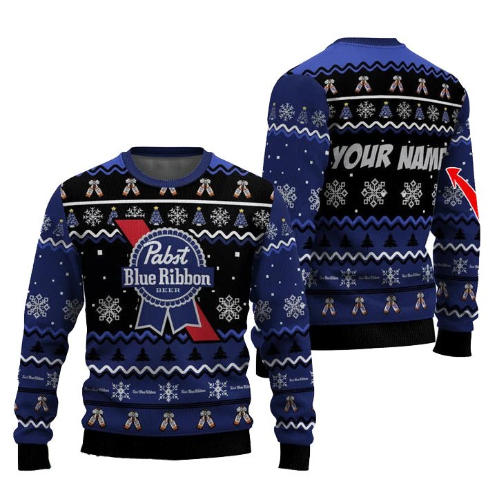 Personalized Pabst Blue Ribbon Pine Tree Snowing Christmas Ugly Sweater - VinoVogue.com