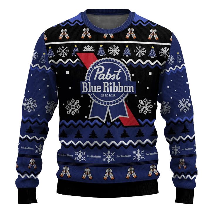 Personalized Pabst Blue Ribbon Pine Tree Snowing Christmas Ugly Sweater - VinoVogue.com