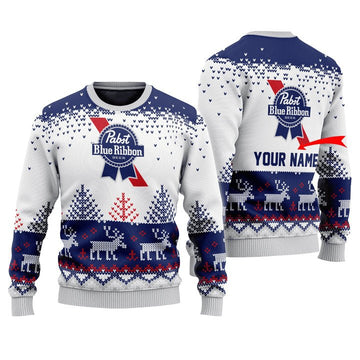 Personalized Pabst Blue Ribbon Reindeer Christmas Ugly Sweater - VinoVogue.com