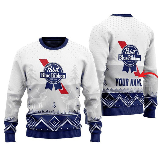 Personalized Pabst Blue Ribbon Winter Reindeer Ugly Sweater - VinoVogue.com