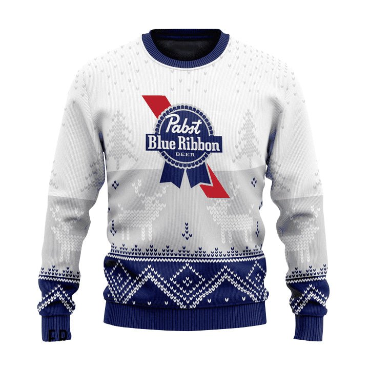 Personalized Pabst Blue Ribbon Winter Reindeer Ugly Sweater - VinoVogue.com