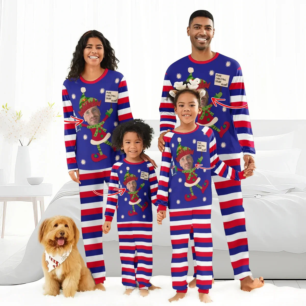 Family wearing personalized red, white, and blue striped Christmas pajamas with elf and photo design, standing in bedroom