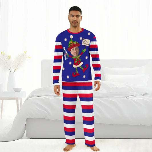 Man wearing personalized red, white, and blue striped Christmas pajamas with custom face elf design and sign in bedroom