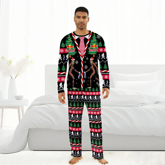 Man wearing Red Bull Christmas Bigfoot family pajamas with festive holiday patterns