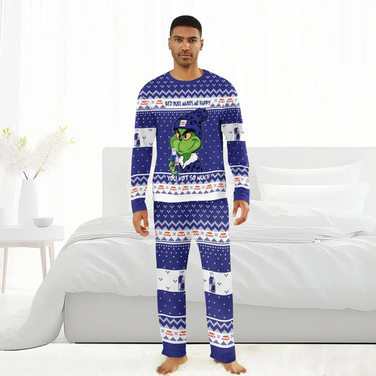 Man wearing blue Red Bull Grinch holiday pajamas with festive patterns and text in a bright bedroom