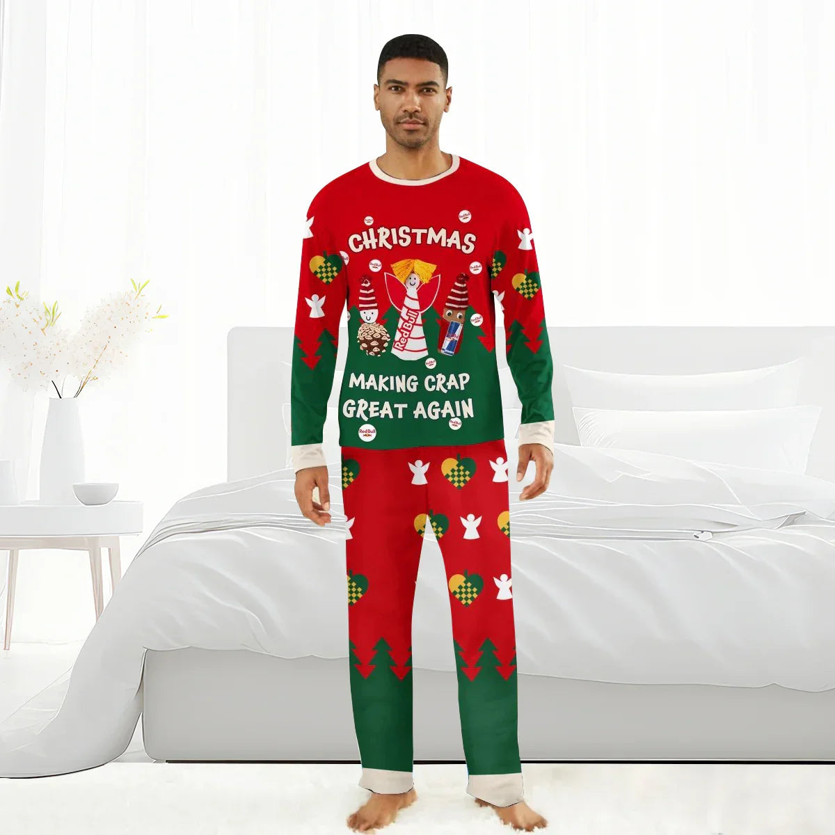 Man wearing red and green Red Bull Christmas pajamas with the slogan Making Christmas Great Again