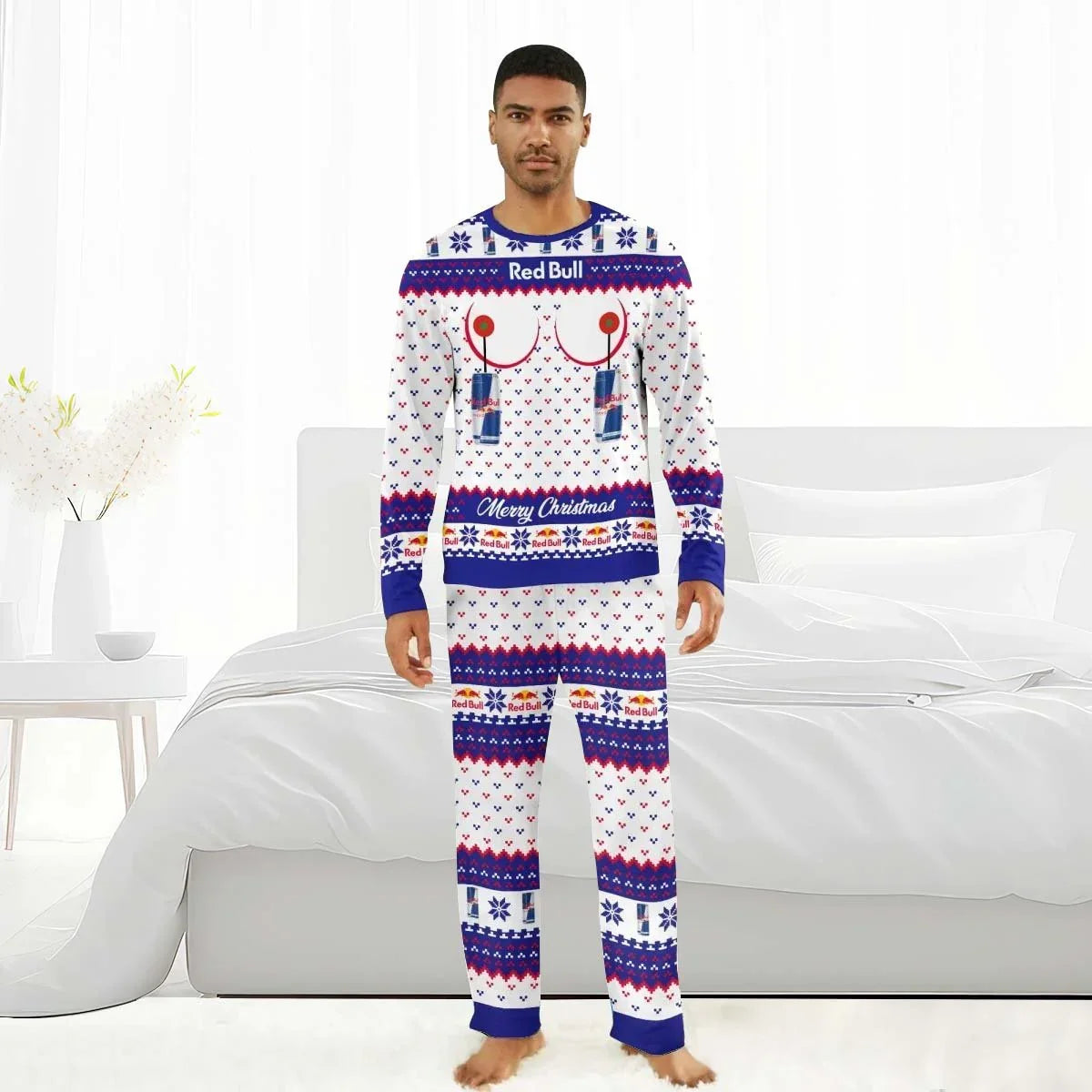 Man wearing Red Bull Merry Christmas family pajamas set with holiday patterns in bedroom