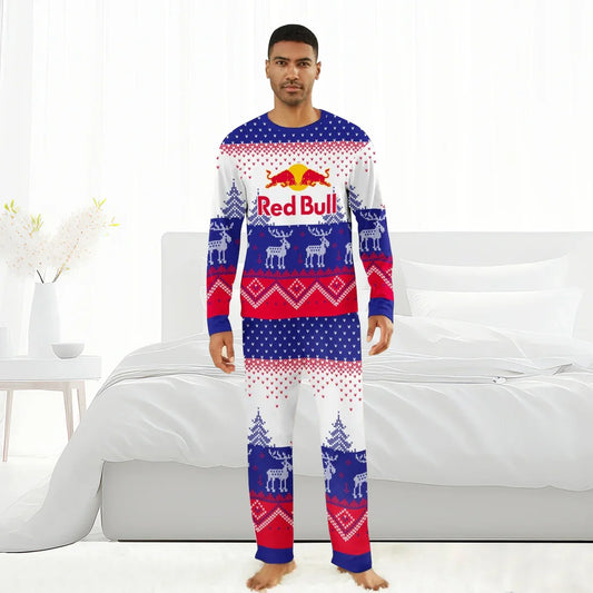 Man wearing Red Bull branded blue, red, and white reindeer family winter pajamas in bright bedroom