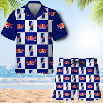 Red Bull Gingham Hawaiian Shirt And Shorts Set - VinoVogue.com