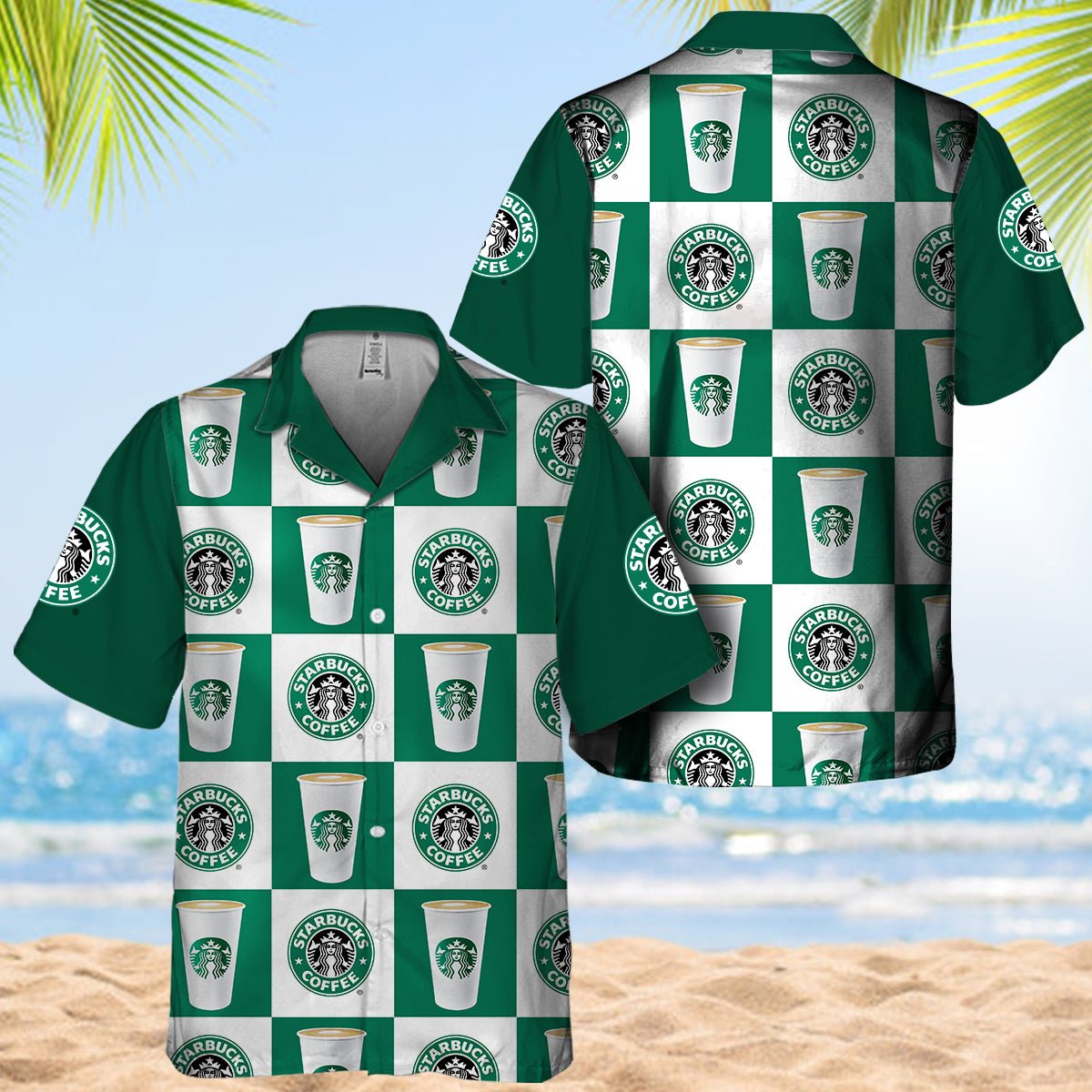 Starbucks Gingham Hawaiian Shirt And Shorts Set - VinoVogue.com