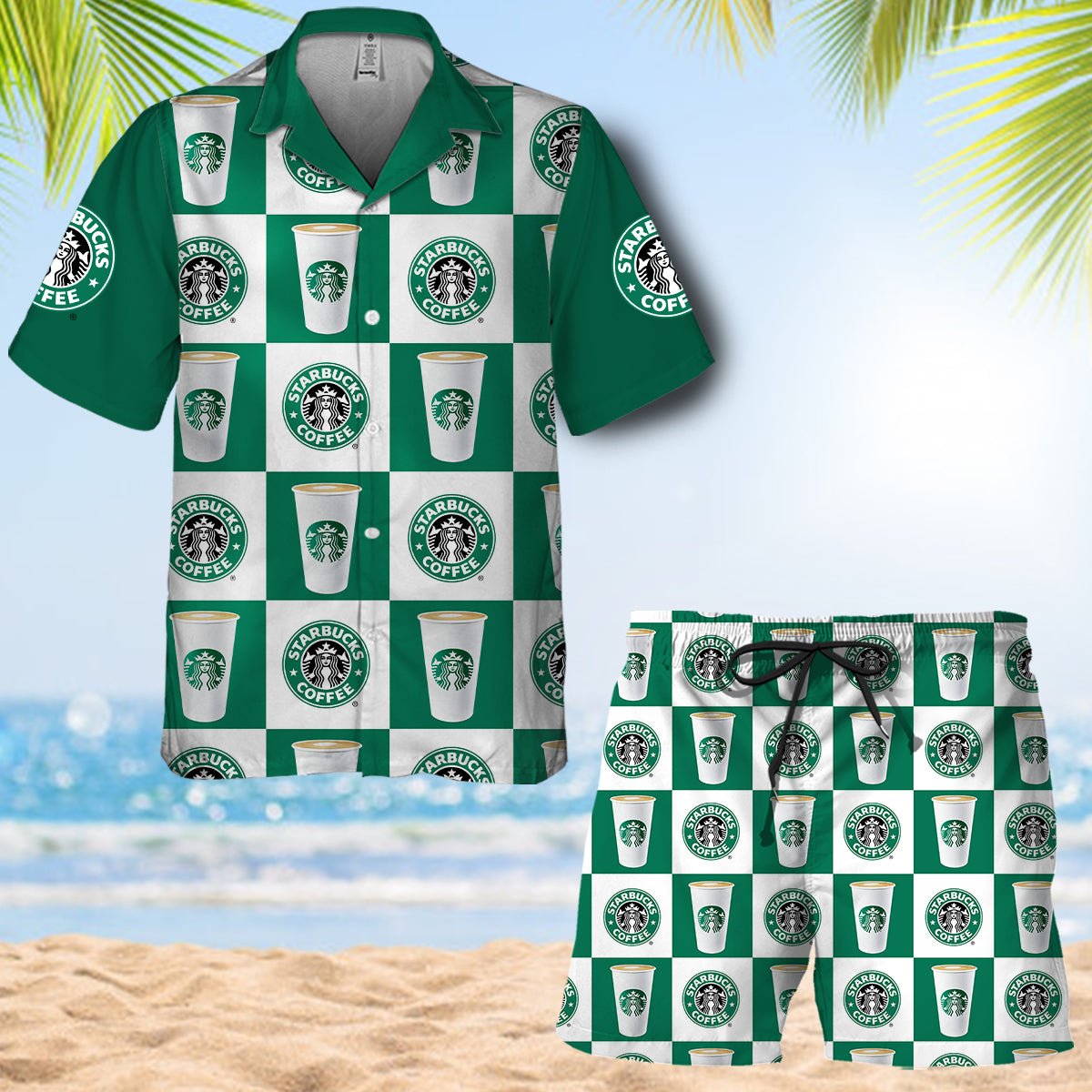 Starbucks Gingham Hawaiian Shirt And Shorts Set - VinoVogue.com