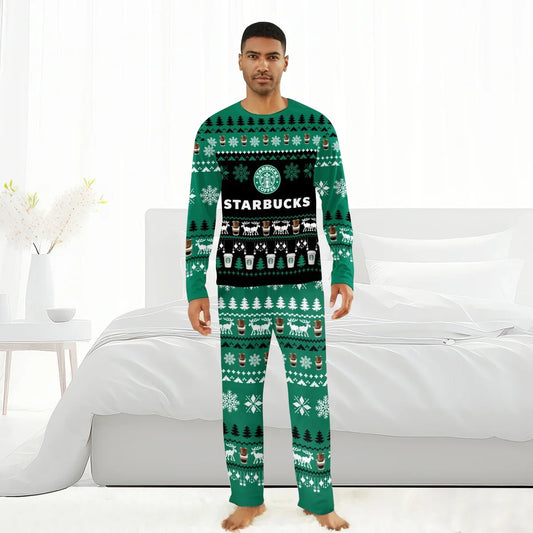 Man wearing green Starbucks Christmas-themed pajamas with coffee cups, snowflakes, and reindeer
