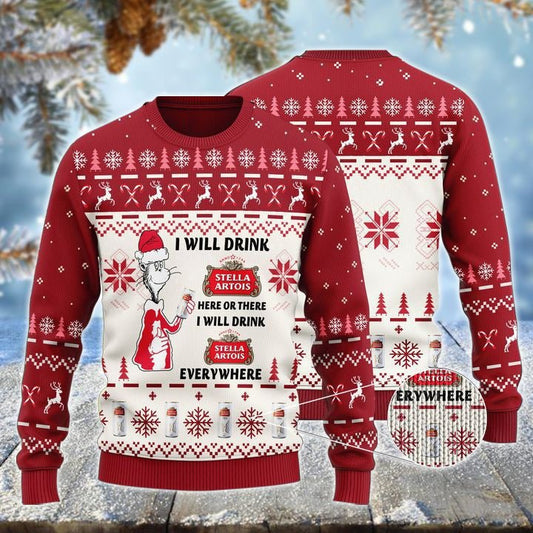 Stella Artois Cat Hat Will Drink Everywhere Ugly Sweater - VinoVogue.com