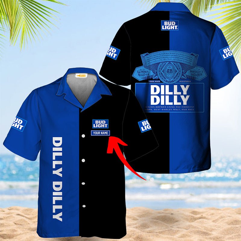 Personalized Bud Light Dilly Dilly Blue And Black Hawaiian Shirt - VinoVogue.com