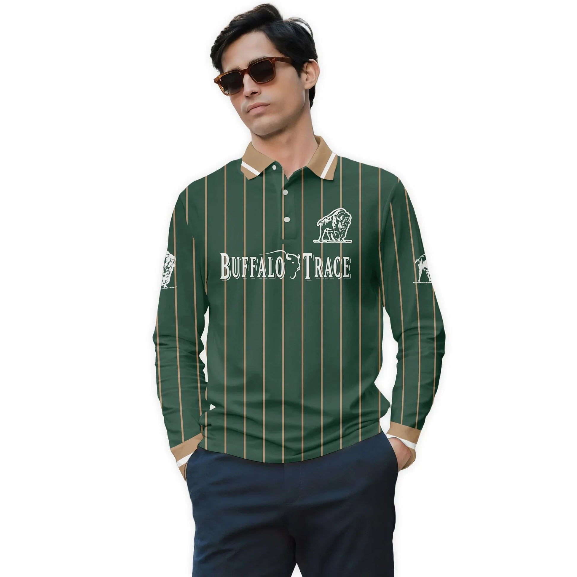  Buffalo Trace Pinstripe Classic Golf Long Sleeve Polo Shirt