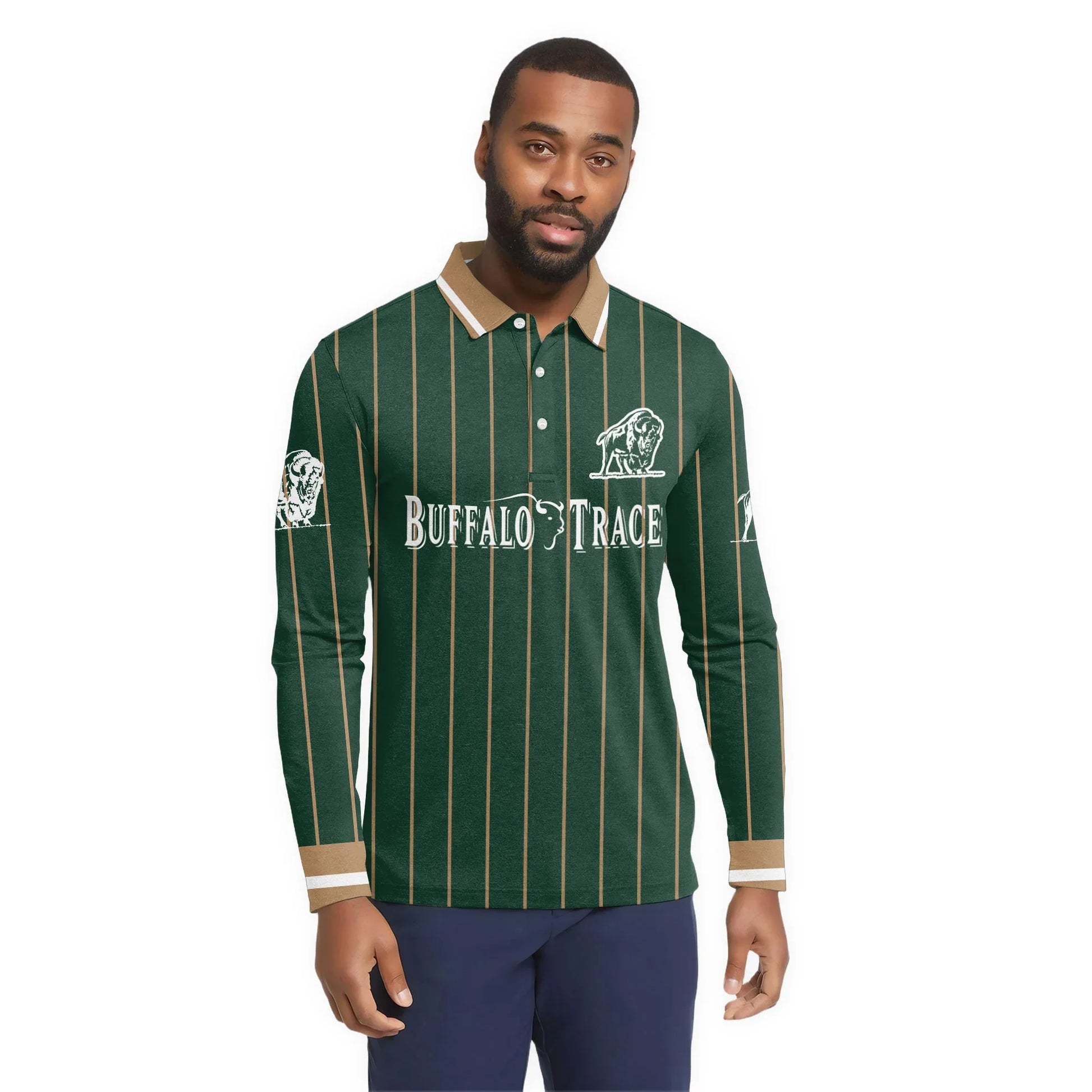  Buffalo Trace Pinstripe Classic Golf Long Sleeve Polo Shirt
