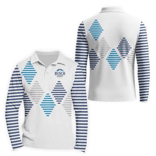  Busch Light Diamond Stripe Golf Long Sleeve Polo Shirt