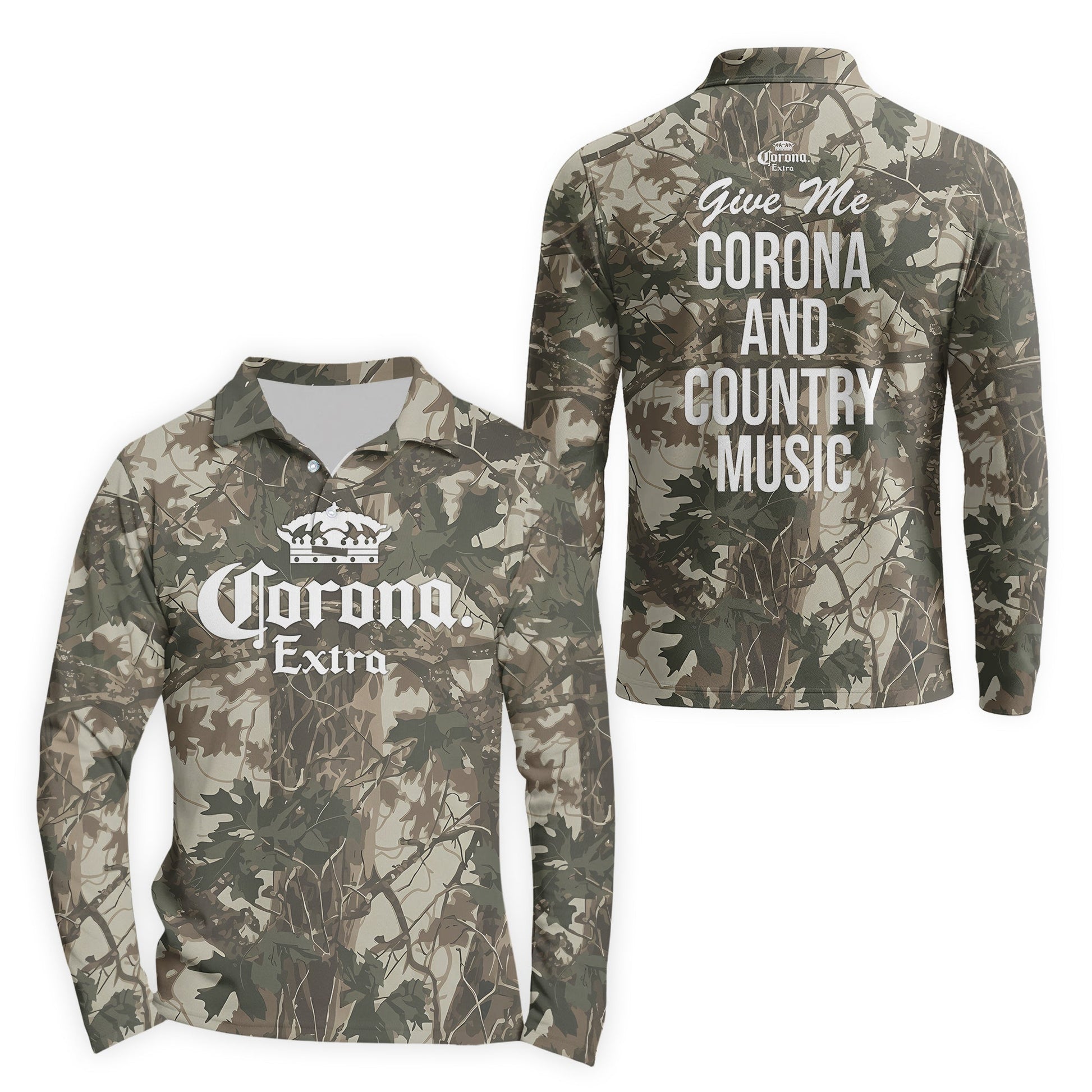  Corona Extra Country Camo Golf Long Sleeve Polo Shirt