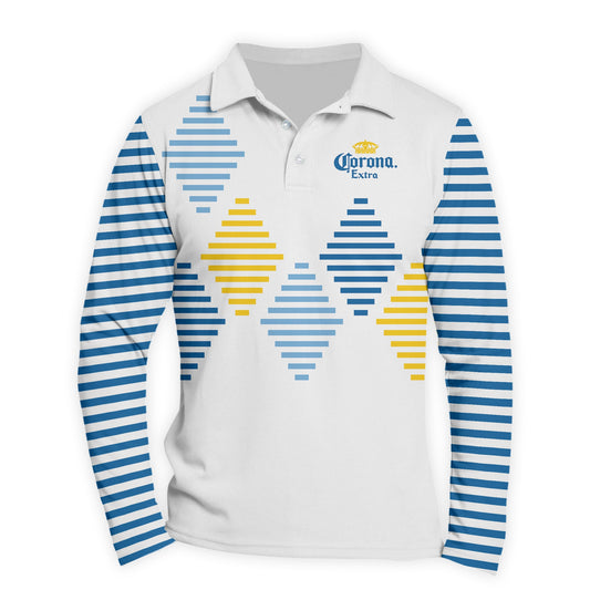  Corona Extra Diamond Stripe Golf Long Sleeve Polo Shirt