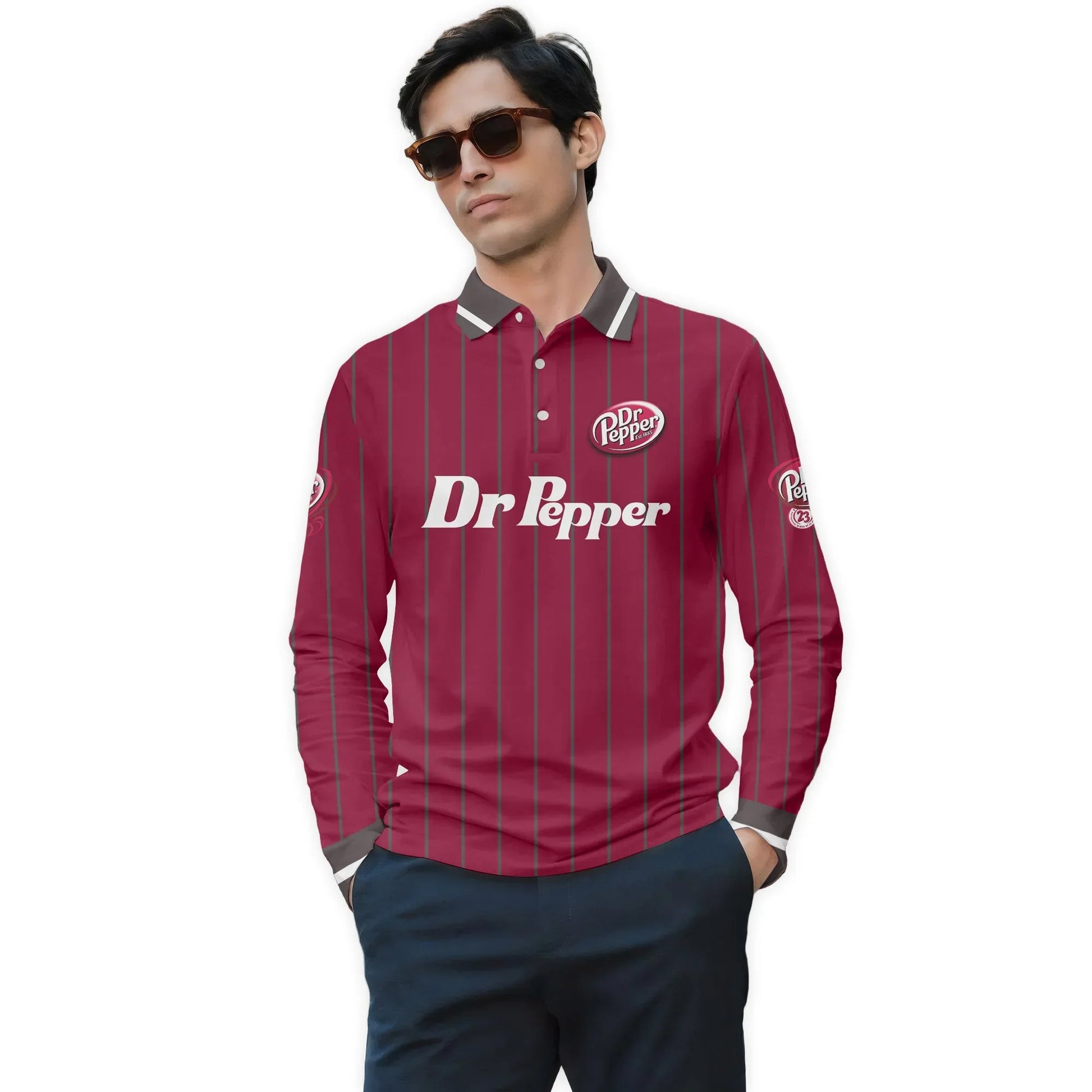  Dr Pepper Pinstripe Classic Golf Long Sleeve Polo Shirt