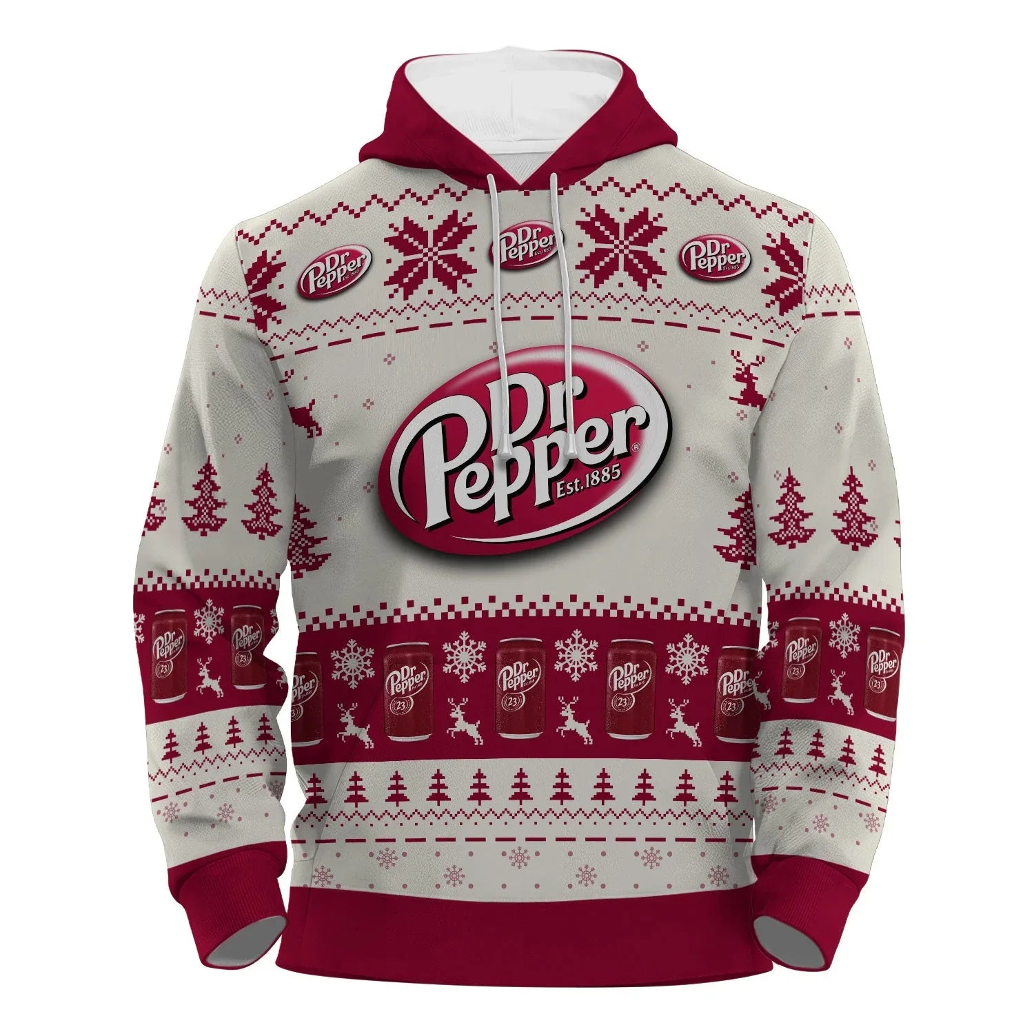 Dr Pepper holiday hoodie with maroon snowflakes, trees, reindeer, and soda cans pattern