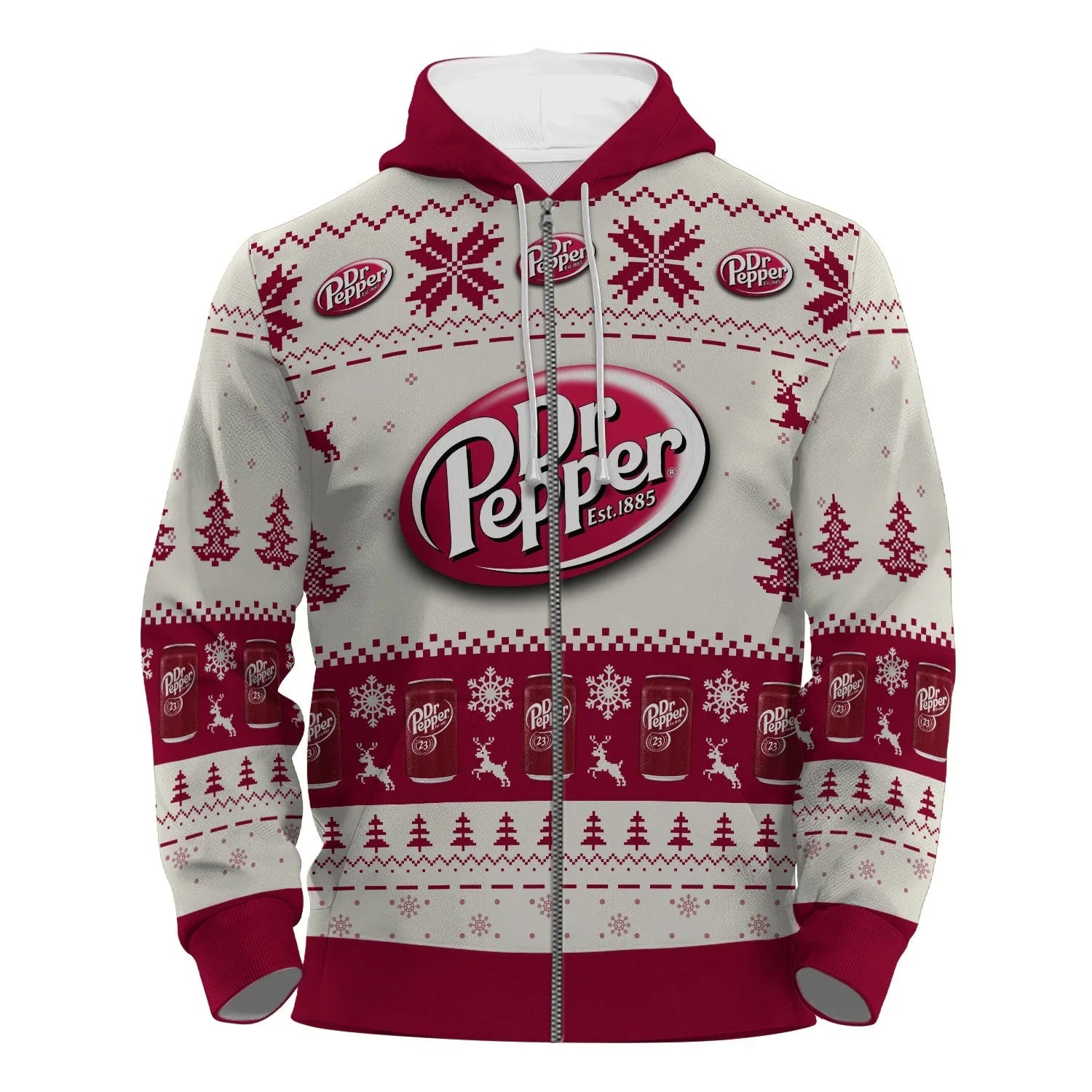Dr Pepper Christmas zip hoodie with red and white festive patterns, trees, reindeer, and soda can graphics