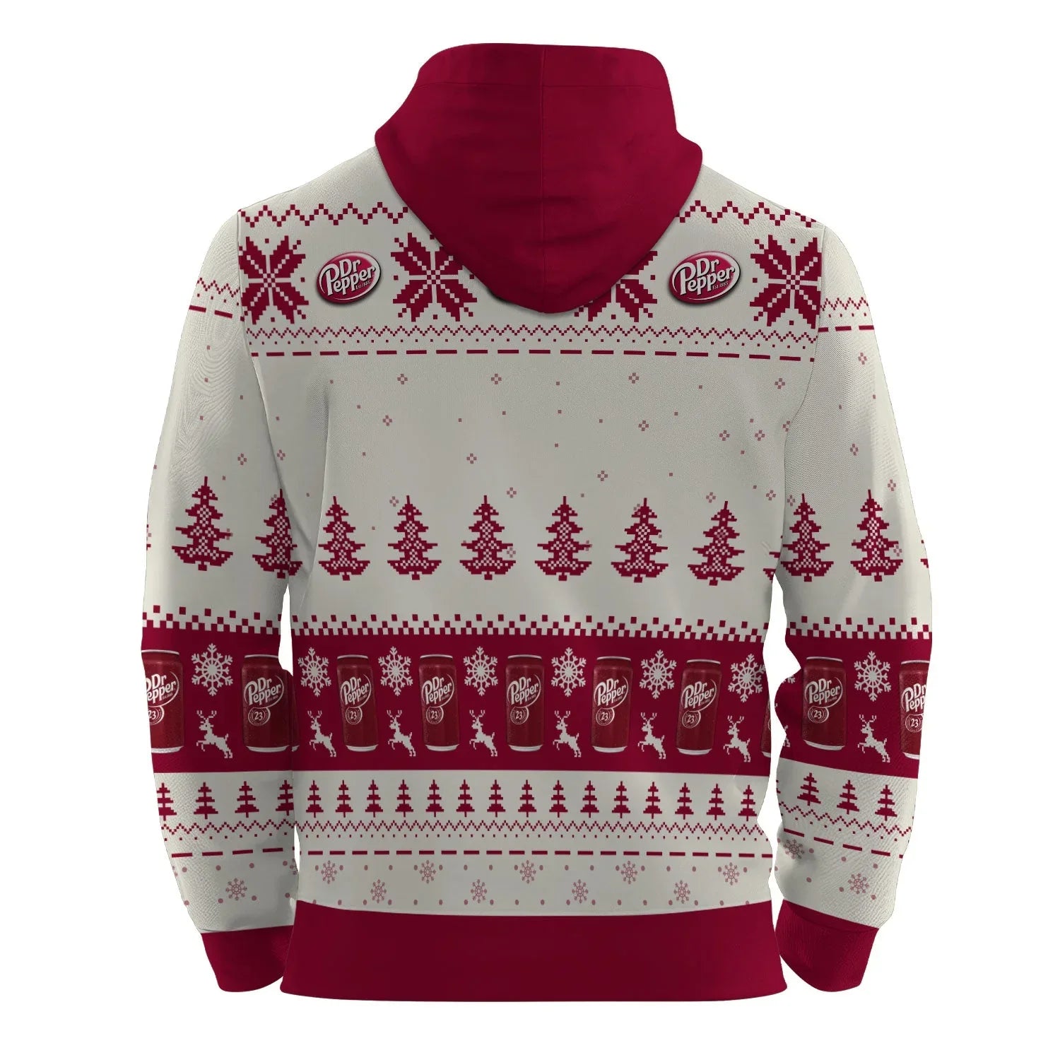 Back of Dr Pepper themed holiday pullover hoodie with red hood, snowflakes, trees, reindeer, and soda cans pattern