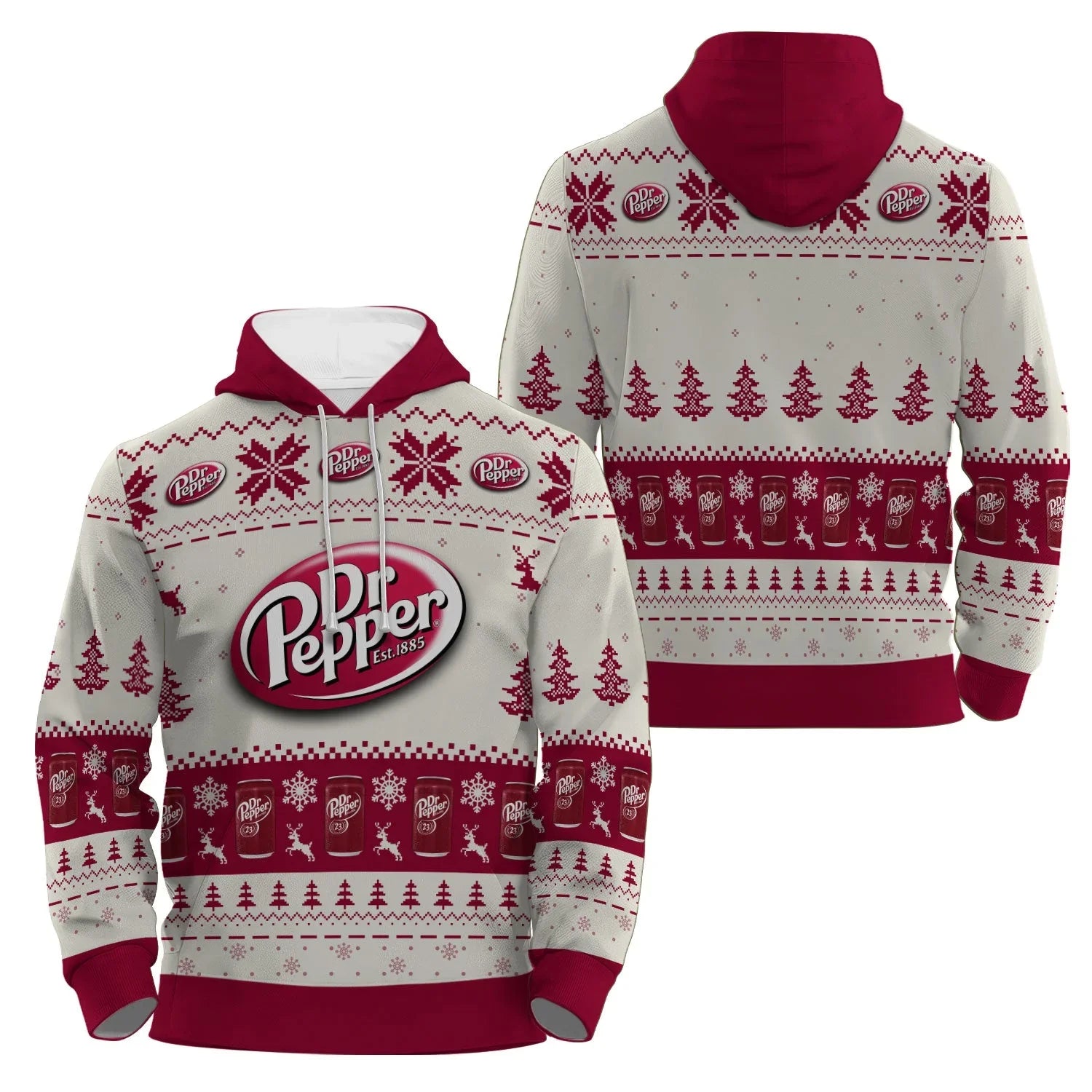 Dr Pepper branded holiday pullover zip hoodie with Christmas trees, snowflakes, reindeer, and soda can patterns
