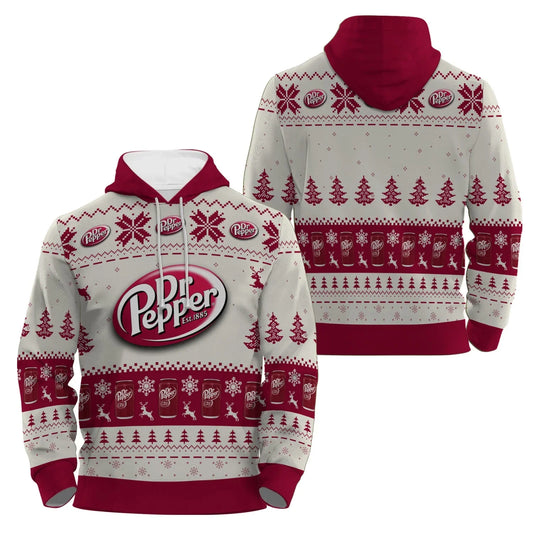 Dr Pepper branded holiday pullover zip hoodie with Christmas trees, snowflakes, reindeer, and soda can patterns