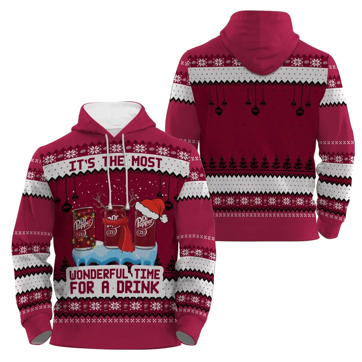 Red and white holiday Dr Pepper hoodie with festive patterns and text It's the most wonderful time for a drink