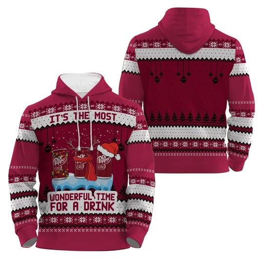 Red and white holiday Dr Pepper hoodie with festive patterns and text It's the most wonderful time for a drink