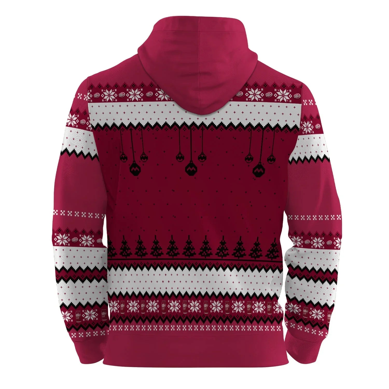 Back view of red Christmas pullover zip hoodie with black and white holiday patterns and hanging ornaments